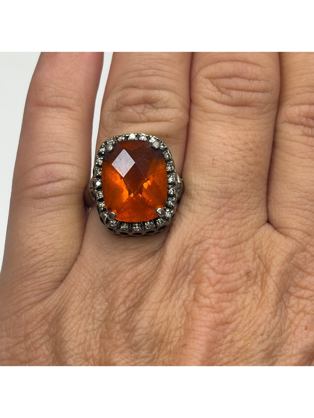 Sterling silver & faceted amber glass halo ring size 7.25 vintage 90s